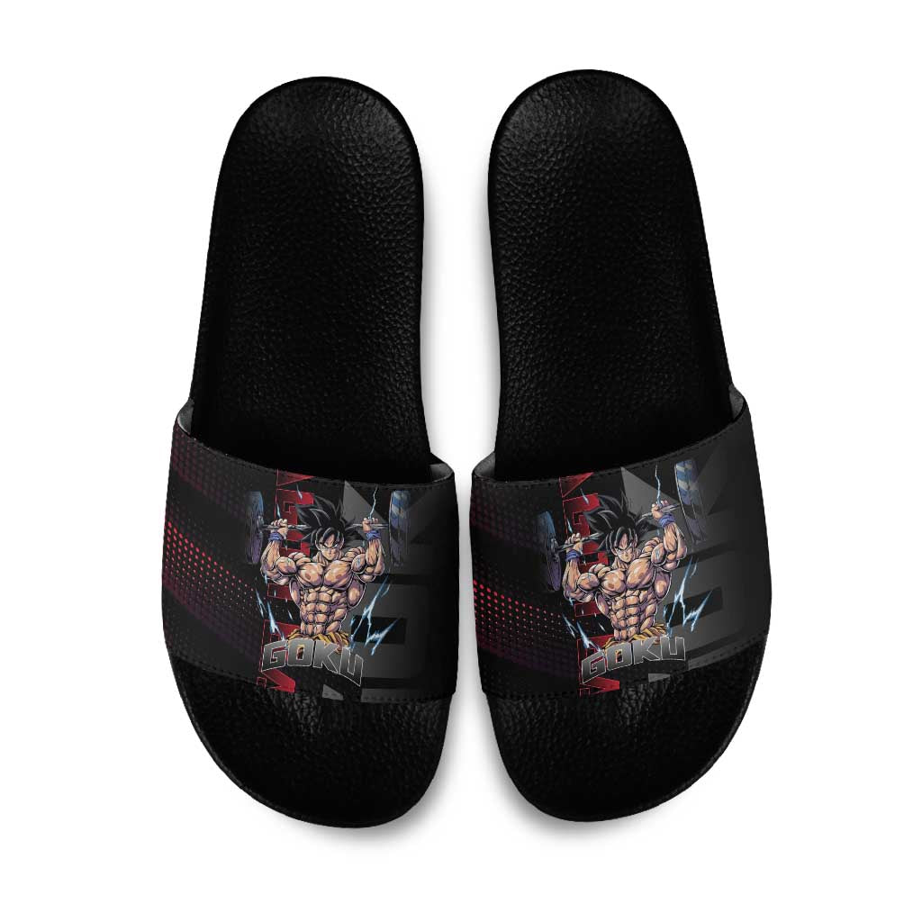 Goku Gym Theme Black and Red Design Slide Sandals with Dumbbell Lightning Art and Muscle Training Pose - The Mazicc