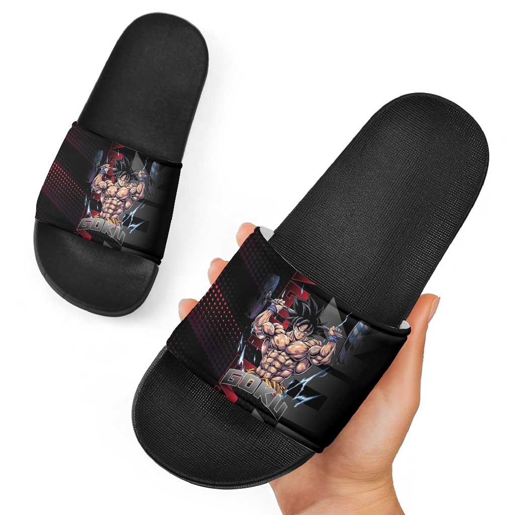 Goku Gym Theme Black and Red Design Slide Sandals with Dumbbell Lightning Art and Muscle Training Pose - The Mazicc