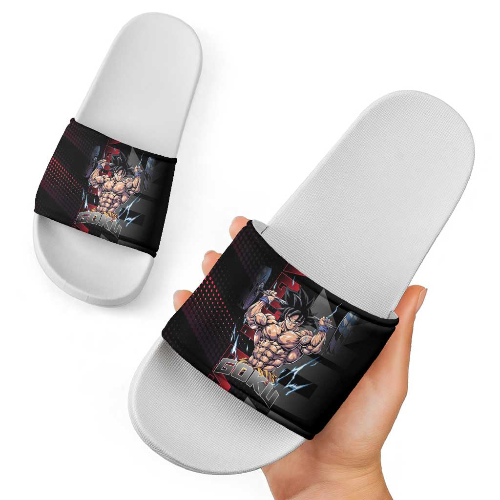 Goku Gym Theme Black and Red Design Slide Sandals with Dumbbell Lightning Art and Muscle Training Pose - The Mazicc