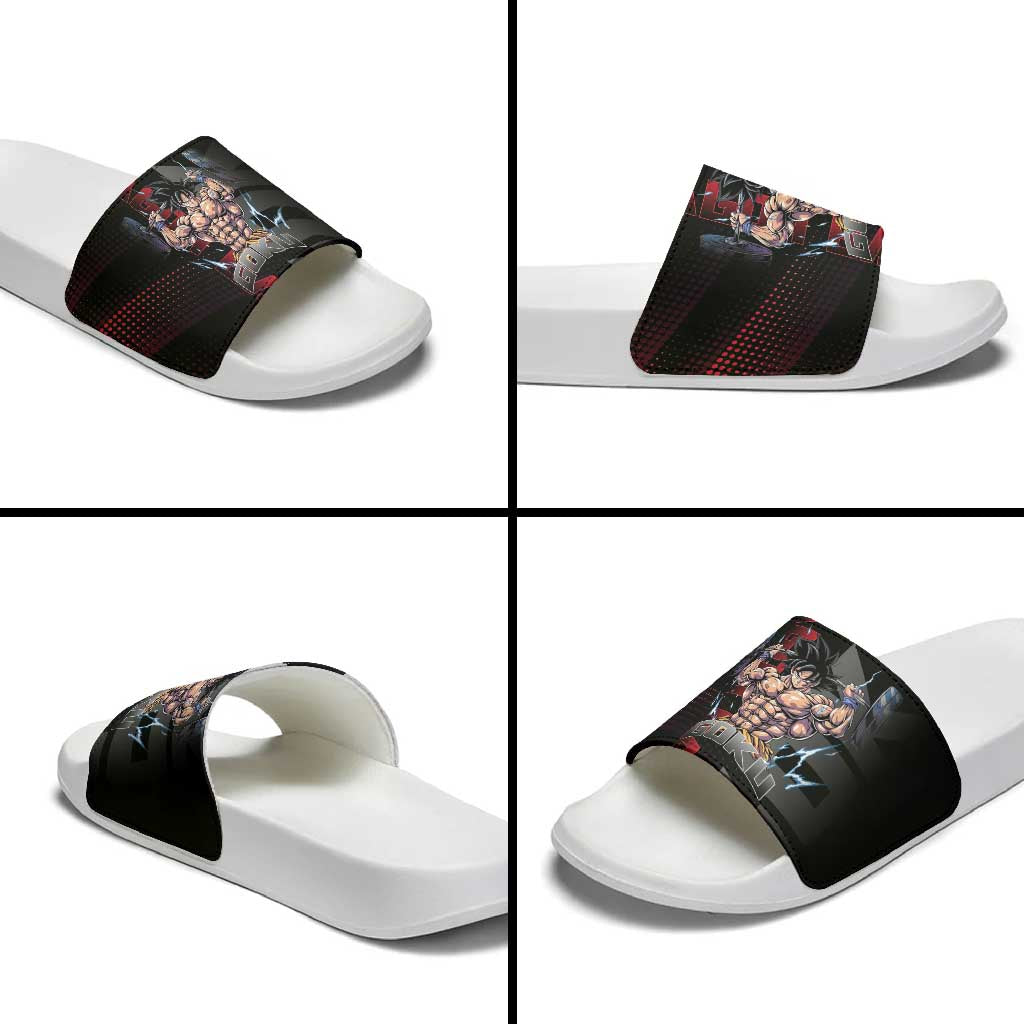Goku Gym Theme Black and Red Design Slide Sandals with Dumbbell Lightning Art and Muscle Training Pose - The Mazicc