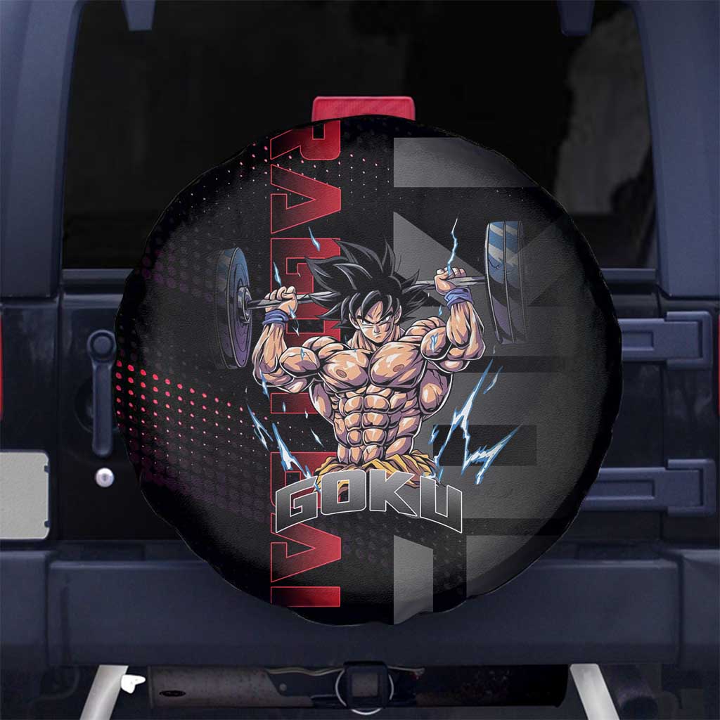 Goku Gym Theme Black and Red Design Spare Tire Cover with Dumbbell Lightning Art and Muscle Training Pose - The Mazicc