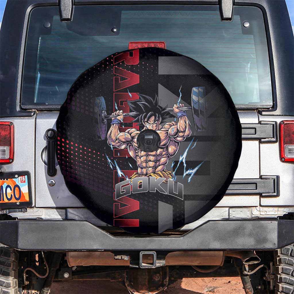 Goku Gym Theme Black and Red Design Spare Tire Cover with Dumbbell Lightning Art and Muscle Training Pose - The Mazicc