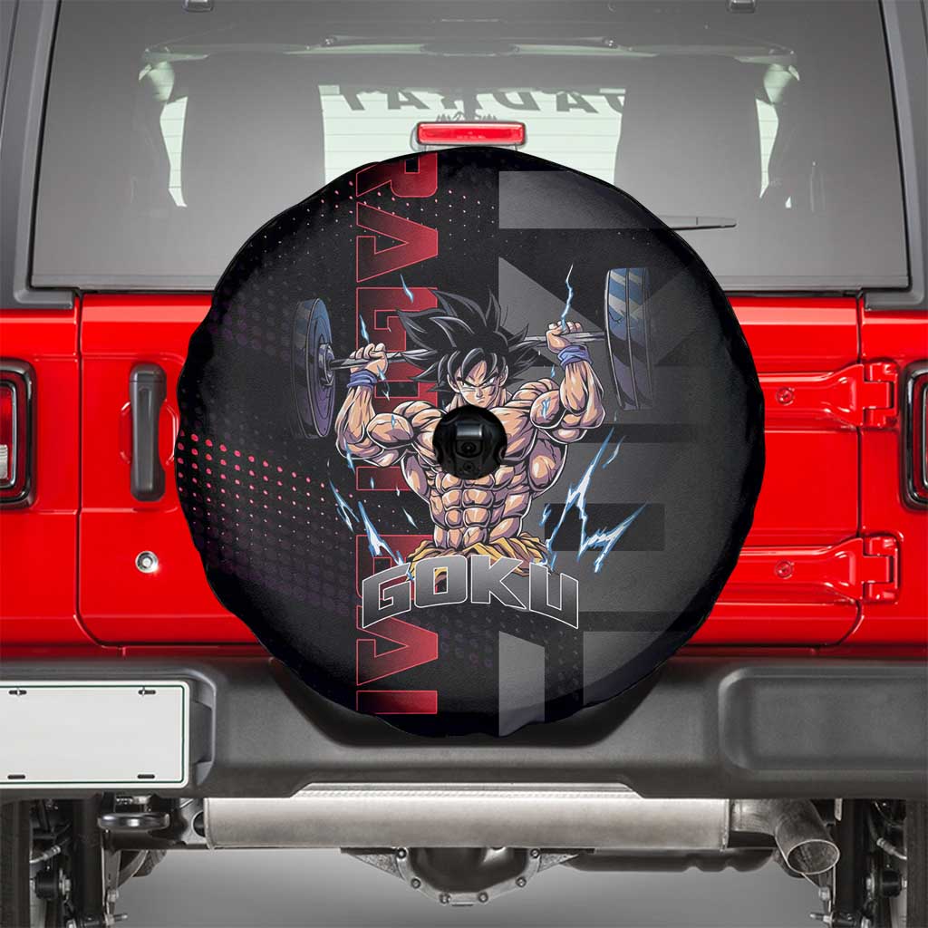 Goku Gym Theme Black and Red Design Spare Tire Cover with Dumbbell Lightning Art and Muscle Training Pose - The Mazicc