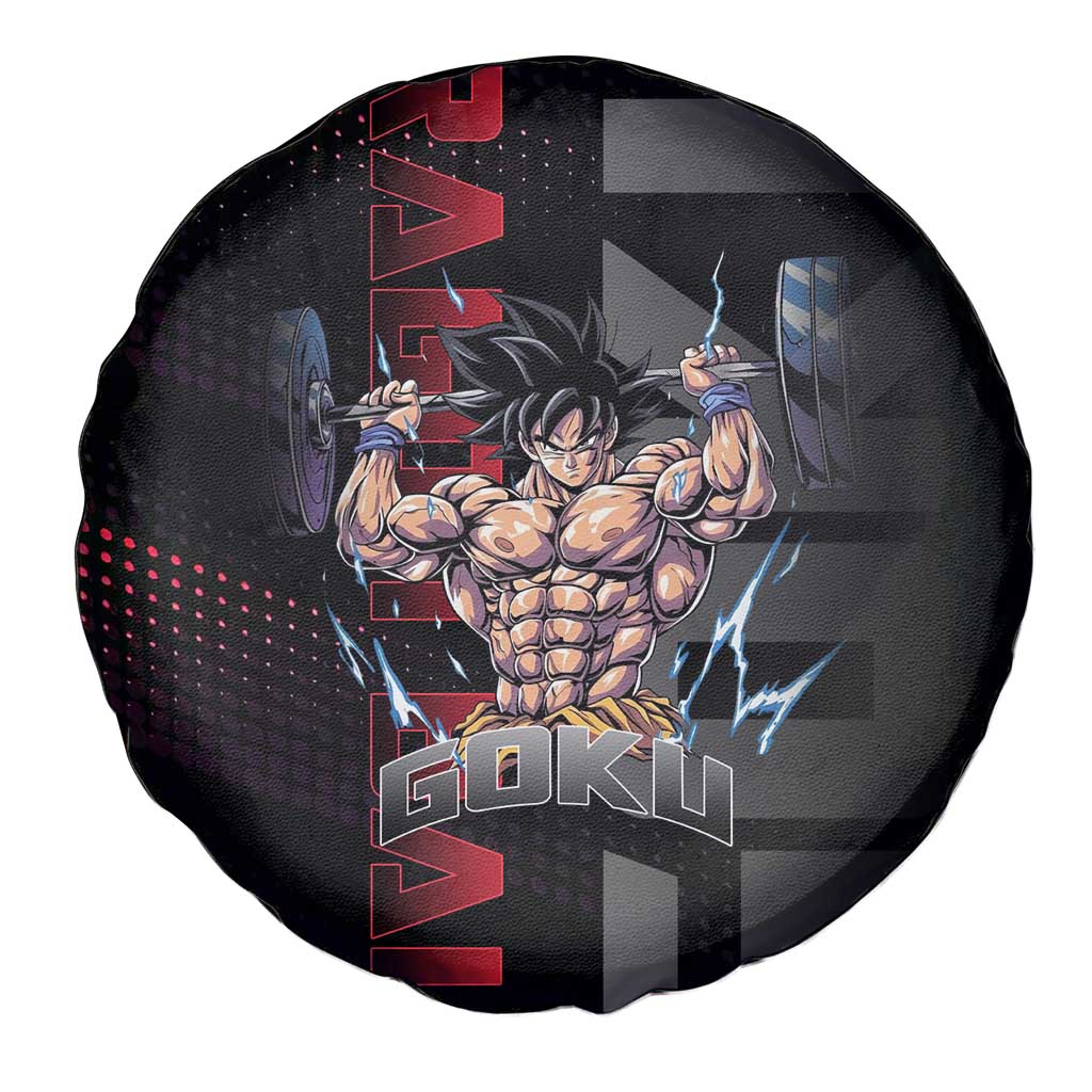 Goku Gym Theme Black and Red Design Spare Tire Cover with Dumbbell Lightning Art and Muscle Training Pose - The Mazicc