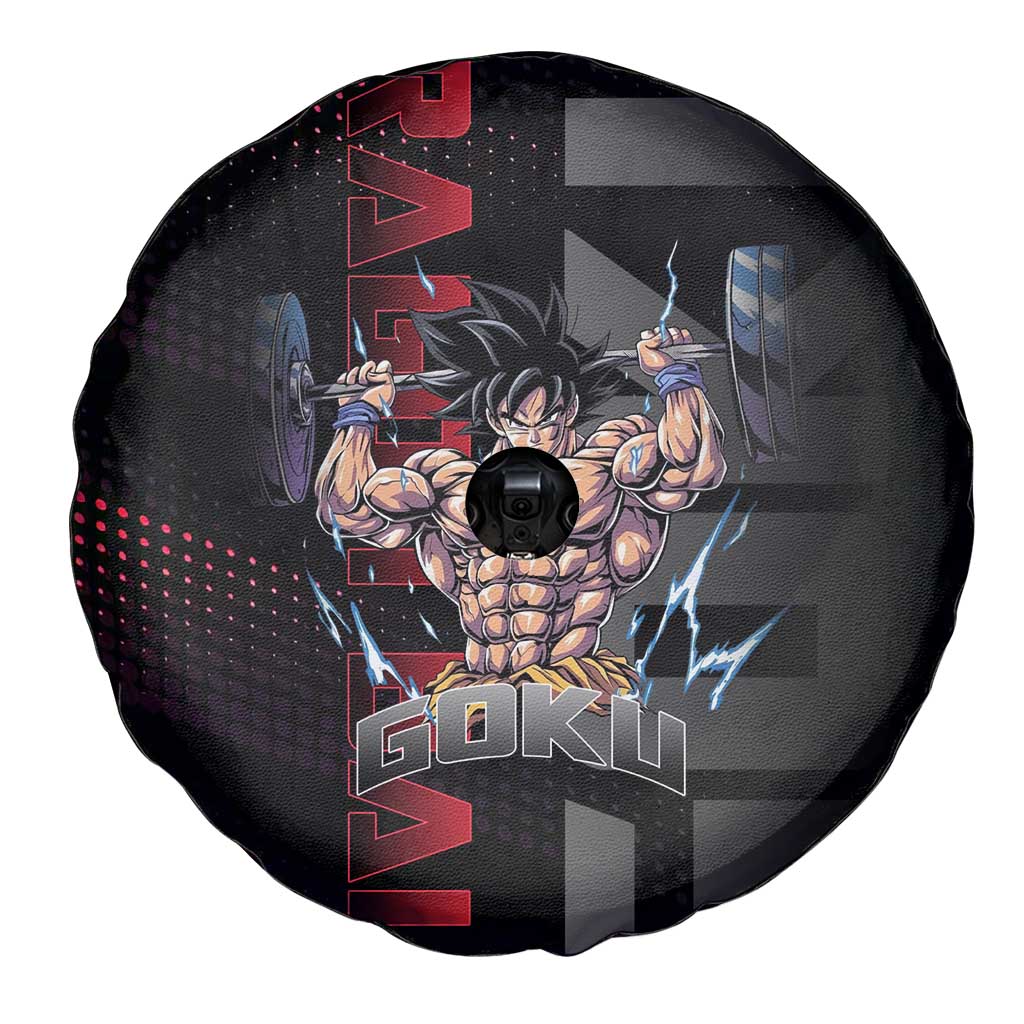 Goku Gym Theme Black and Red Design Spare Tire Cover with Dumbbell Lightning Art and Muscle Training Pose - The Mazicc