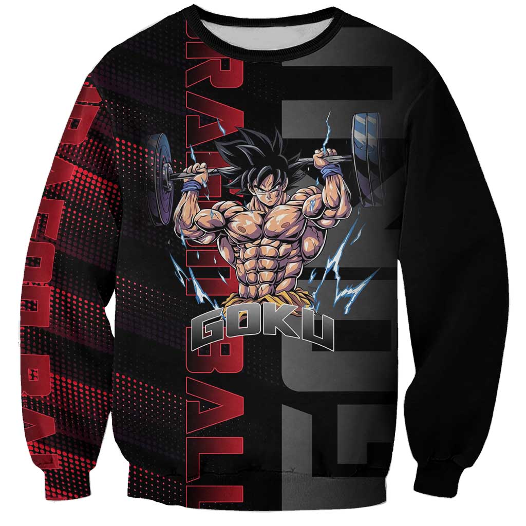 Goku Gym Theme Black and Red Design Sweatshirt with Dumbbell Lightning Art and Muscle Training Pose - The Mazicc
