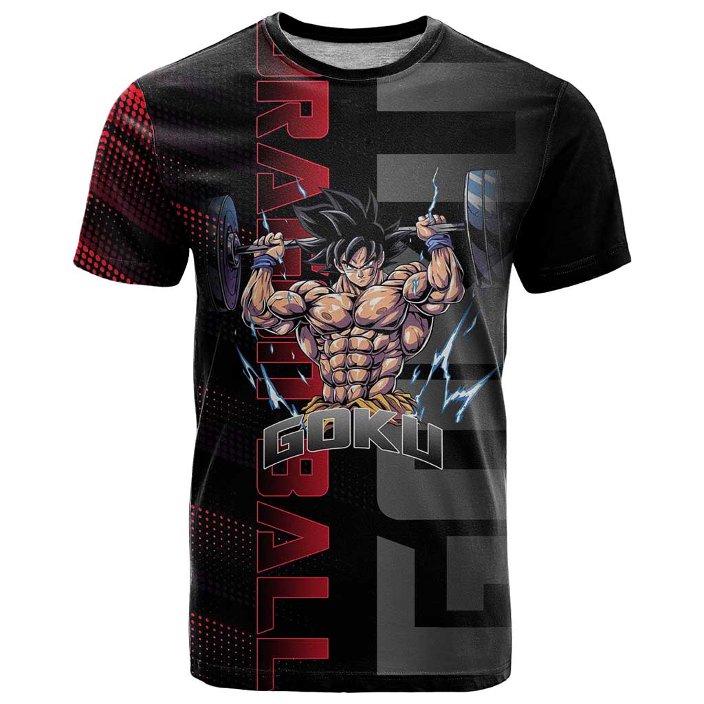 Goku Gym Theme Black and Red Design T Shirt with Dumbbell Lightning Art and Muscle Training Pose - The Mazicc