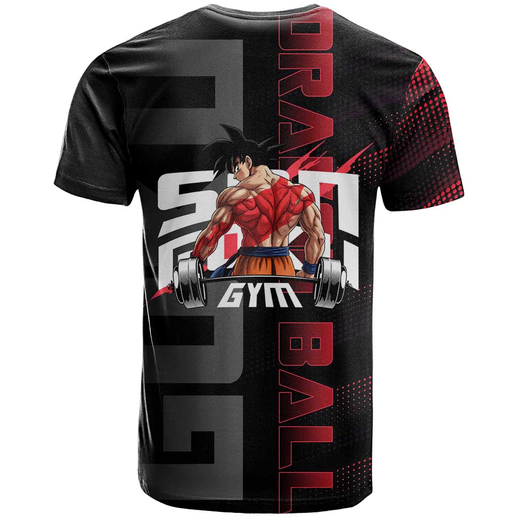 Goku Gym Theme Black and Red Design T Shirt with Dumbbell Lightning Art and Muscle Training Pose - The Mazicc