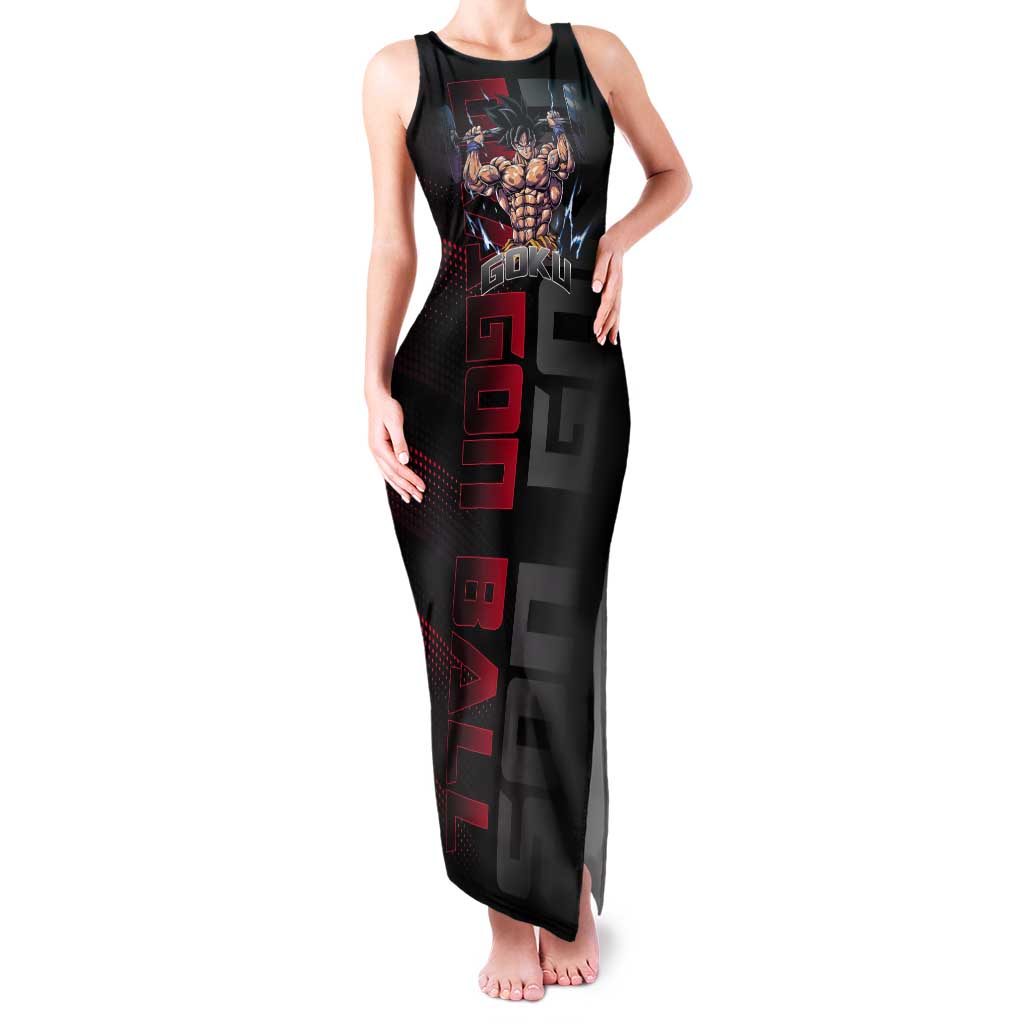 Goku Gym Theme Black and Red Design Tank Maxi Dress with Dumbbell Lightning Art and Muscle Training Pose - The Mazicc