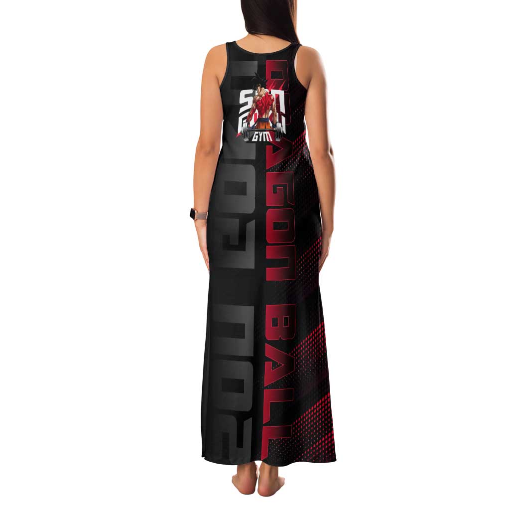 Goku Gym Theme Black and Red Design Tank Maxi Dress with Dumbbell Lightning Art and Muscle Training Pose - The Mazicc