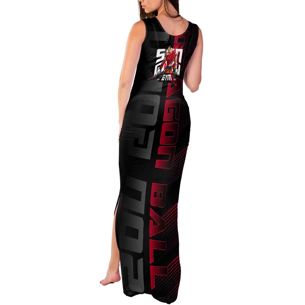 Goku Gym Theme Black and Red Design Tank Maxi Dress with Dumbbell Lightning Art and Muscle Training Pose - The Mazicc