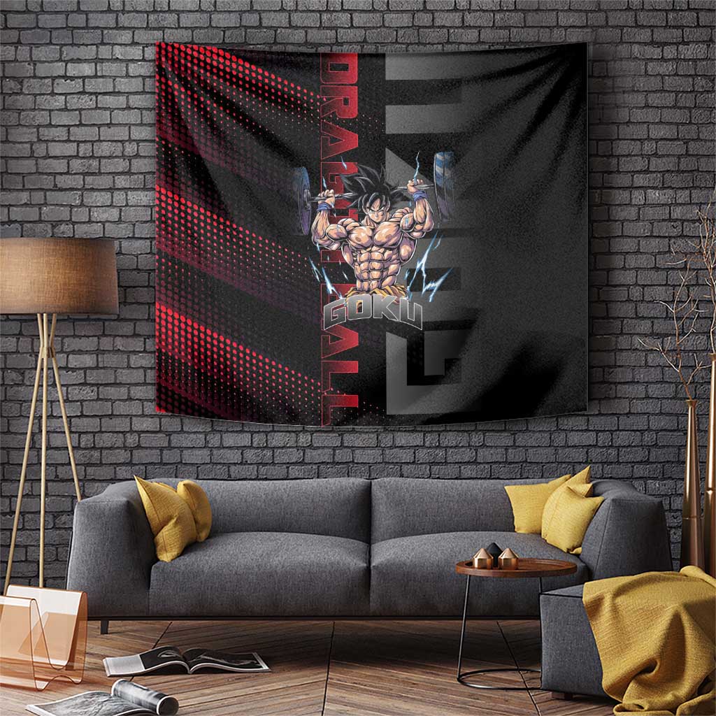Goku Gym Theme Black and Red Design Tapestry with Dumbbell Lightning Art and Muscle Training Pose - The Mazicc