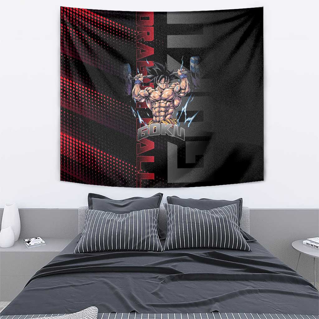 Goku Gym Theme Black and Red Design Tapestry with Dumbbell Lightning Art and Muscle Training Pose - The Mazicc