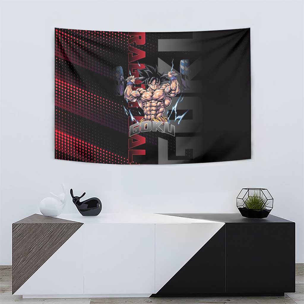 Goku Gym Theme Black and Red Design Tapestry with Dumbbell Lightning Art and Muscle Training Pose - The Mazicc