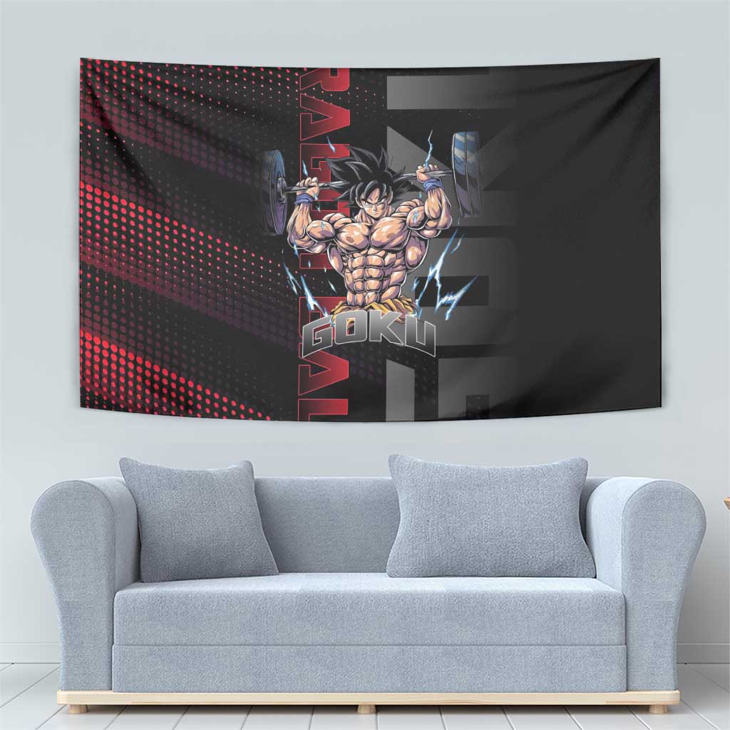 Goku Gym Theme Black and Red Design Tapestry with Dumbbell Lightning Art and Muscle Training Pose - The Mazicc