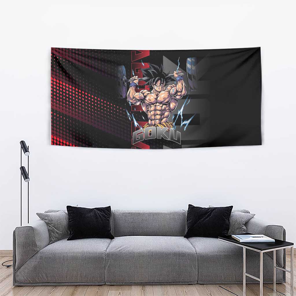 Goku Gym Theme Black and Red Design Tapestry with Dumbbell Lightning Art and Muscle Training Pose - The Mazicc