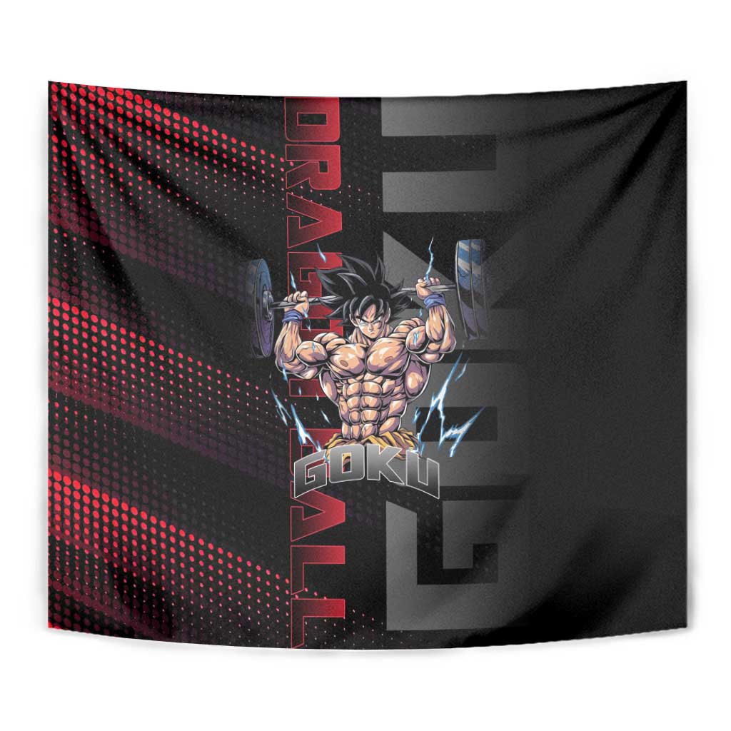 Goku Gym Theme Black and Red Design Tapestry with Dumbbell Lightning Art and Muscle Training Pose - The Mazicc