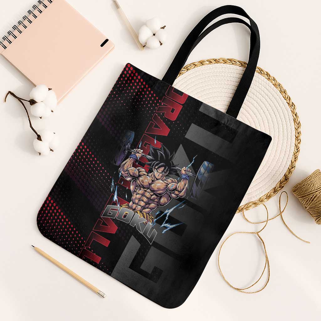 Goku Gym Theme Black and Red Design Tote Bag with Dumbbell Lightning Art and Muscle Training Pose - The Mazicc