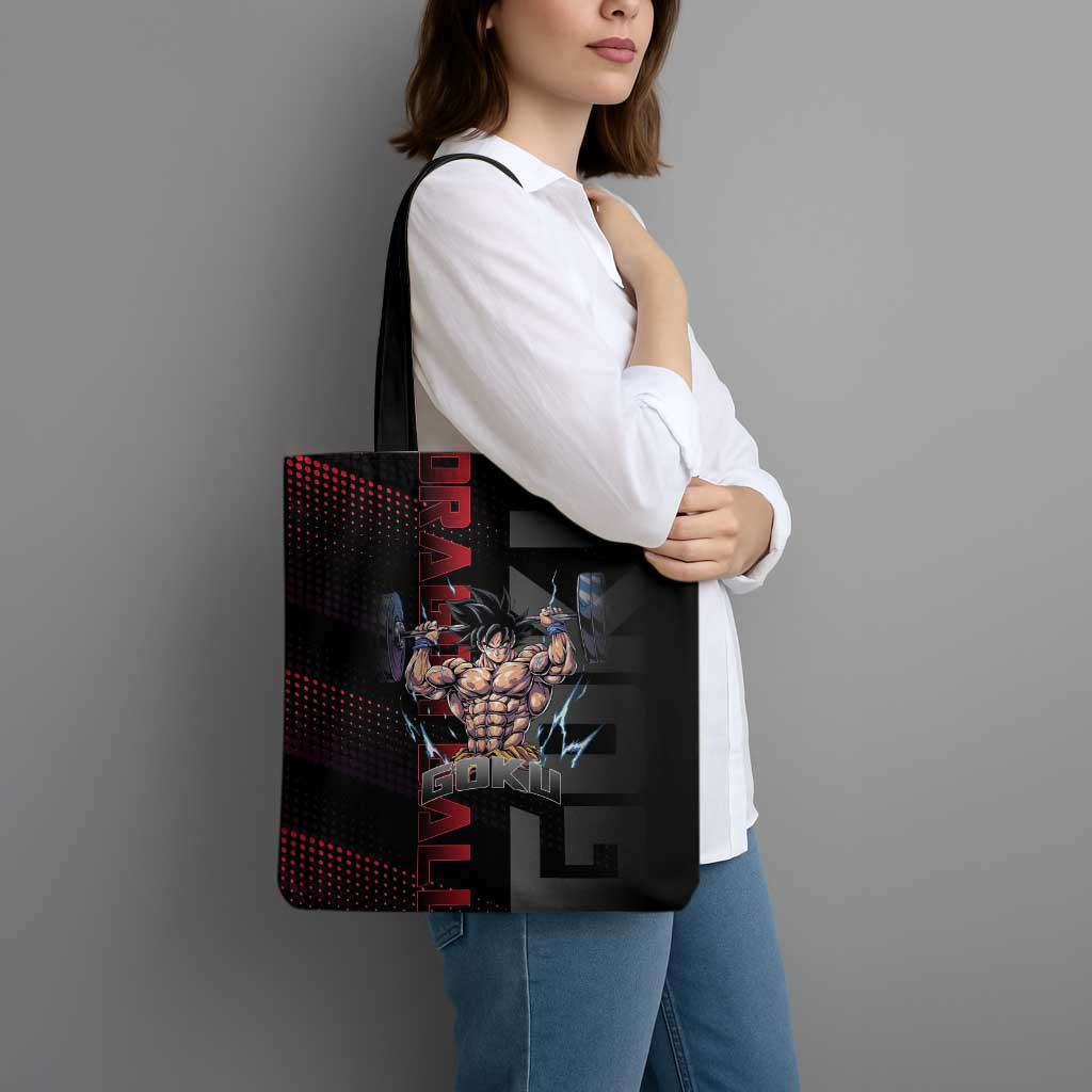 Goku Gym Theme Black and Red Design Tote Bag with Dumbbell Lightning Art and Muscle Training Pose - The Mazicc