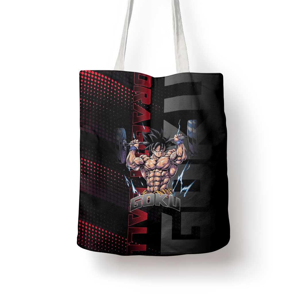Goku Gym Theme Black and Red Design Tote Bag with Dumbbell Lightning Art and Muscle Training Pose - The Mazicc