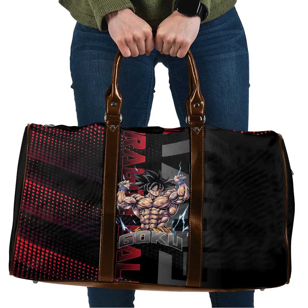 Goku Gym Theme Black and Red Design Travel Bag with Dumbbell Lightning Art and Muscle Training Pose - The Mazicc