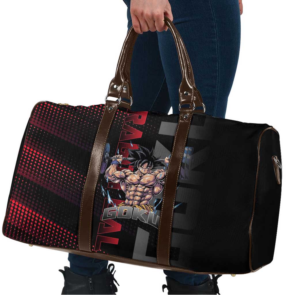 Goku Gym Theme Black and Red Design Travel Bag with Dumbbell Lightning Art and Muscle Training Pose - The Mazicc