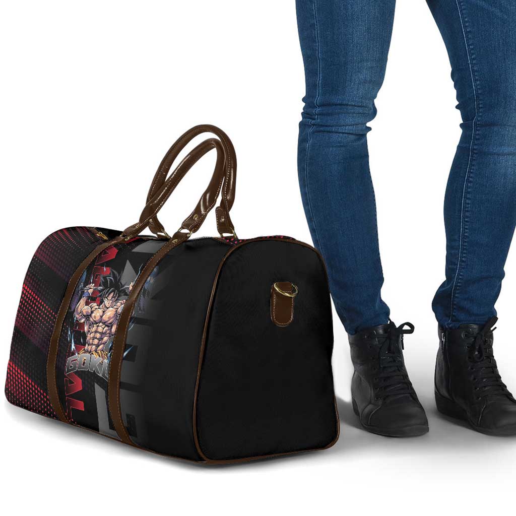 Goku Gym Theme Black and Red Design Travel Bag with Dumbbell Lightning Art and Muscle Training Pose - The Mazicc