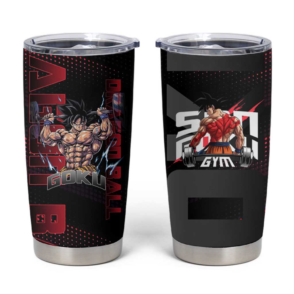 Goku Gym Theme Black and Red Design Tumbler Cup with Dumbbell Lightning Art and Muscle Training Pose - The Mazicc