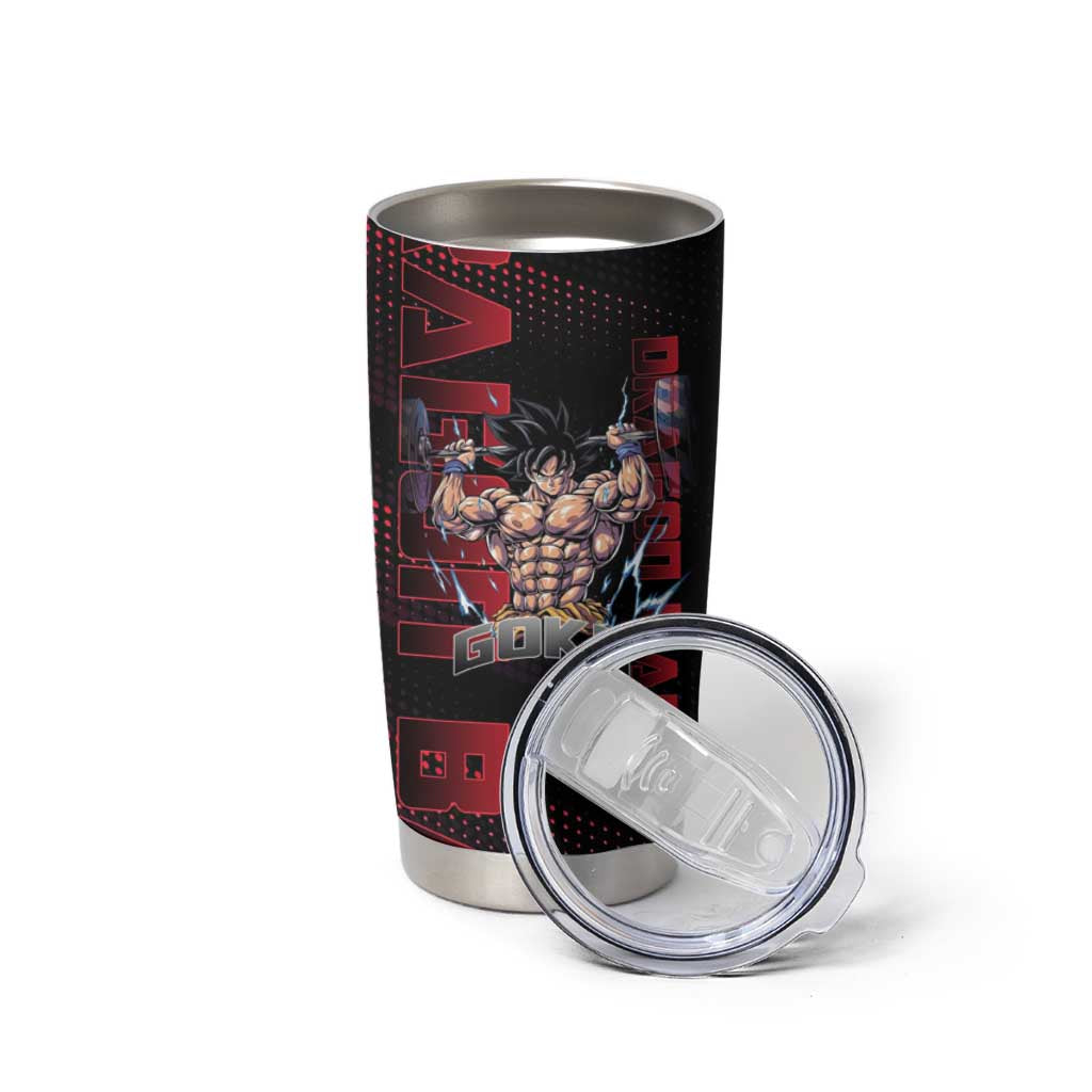 Goku Gym Theme Black and Red Design Tumbler Cup with Dumbbell Lightning Art and Muscle Training Pose - The Mazicc