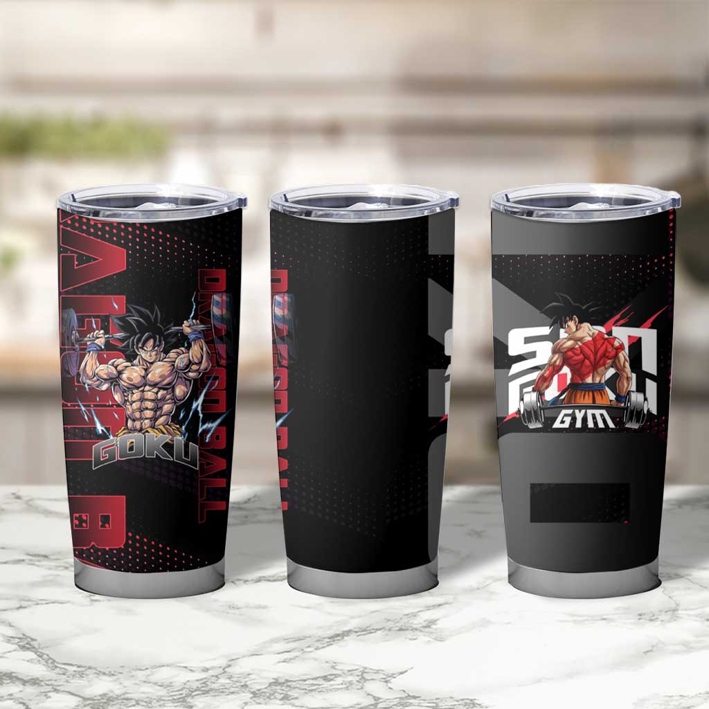 Goku Gym Theme Black and Red Design Tumbler Cup with Dumbbell Lightning Art and Muscle Training Pose - The Mazicc