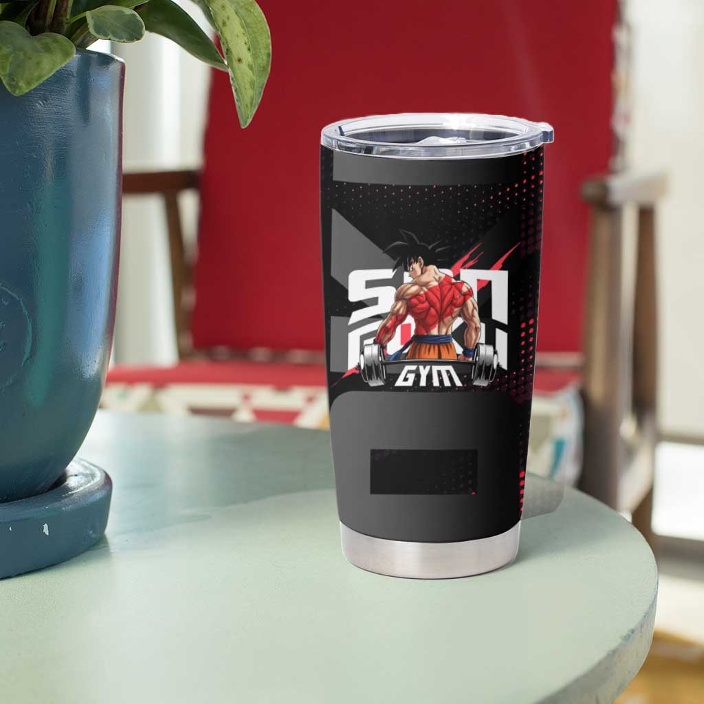 Goku Gym Theme Black and Red Design Tumbler Cup with Dumbbell Lightning Art and Muscle Training Pose - The Mazicc