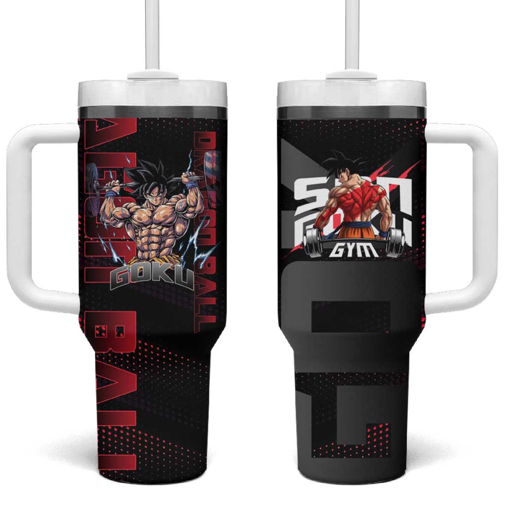Goku Gym Theme Black and Red Design Tumbler With Handle with Dumbbell Lightning Art and Muscle Training Pose - The Mazicc