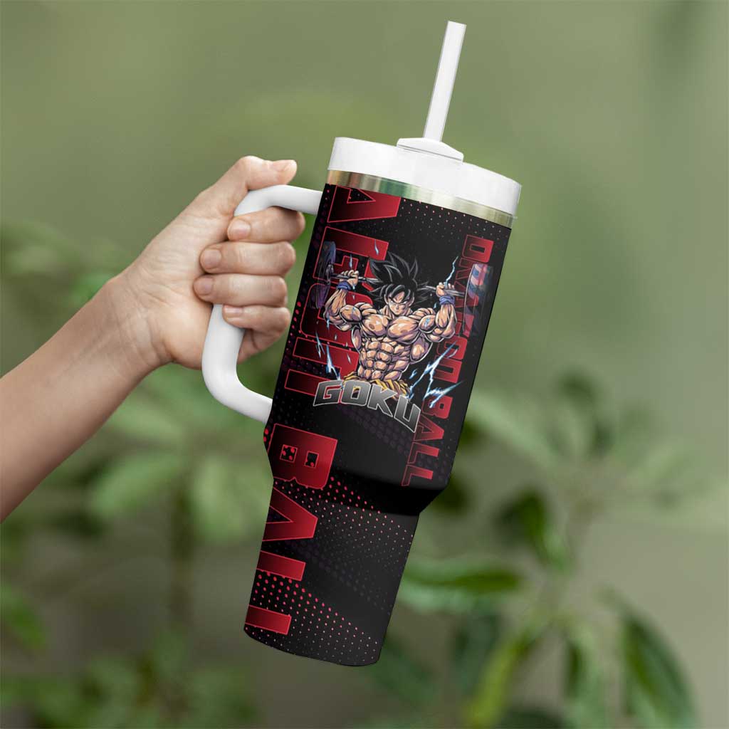 Goku Gym Theme Black and Red Design Tumbler With Handle with Dumbbell Lightning Art and Muscle Training Pose - The Mazicc