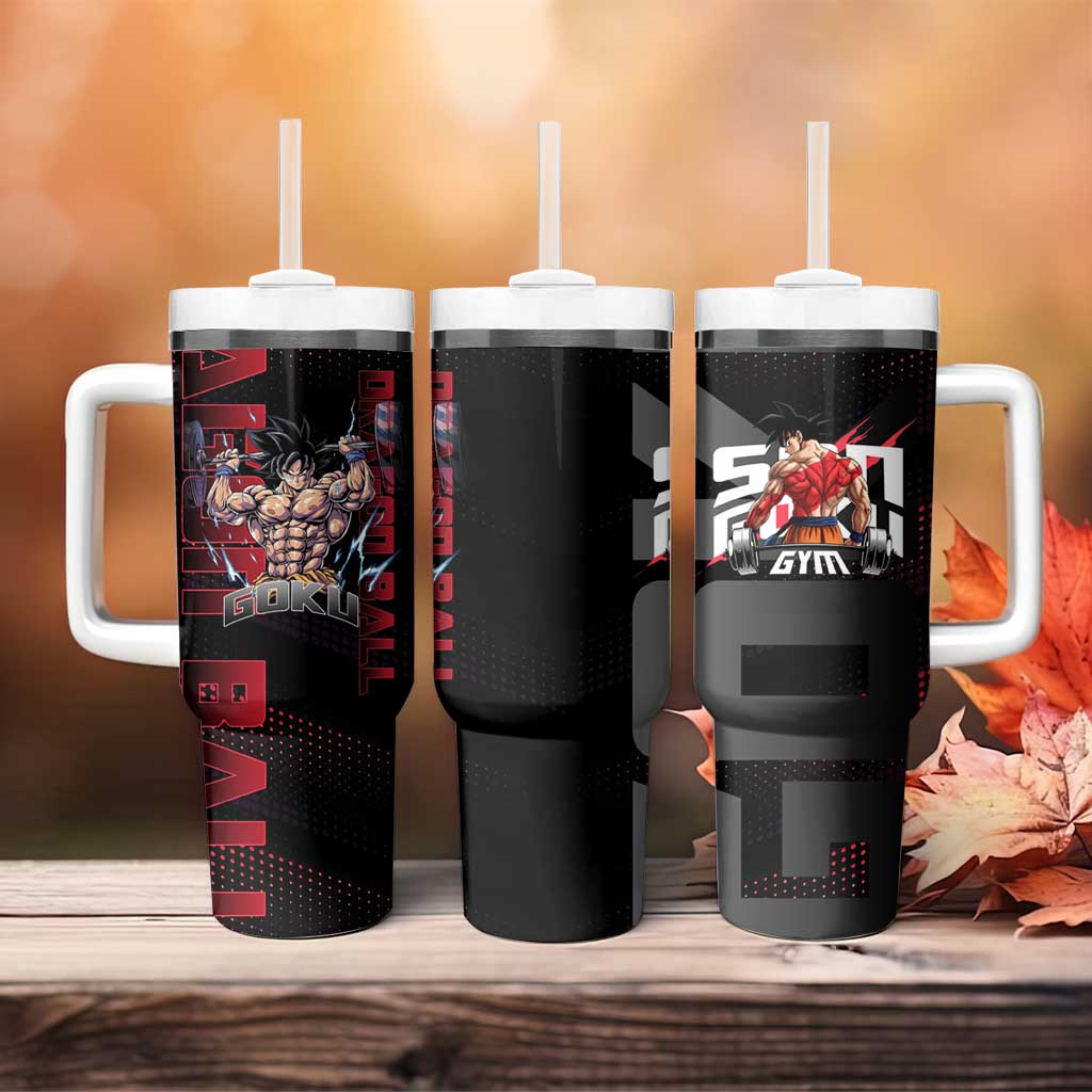 Goku Gym Theme Black and Red Design Tumbler With Handle with Dumbbell Lightning Art and Muscle Training Pose - The Mazicc