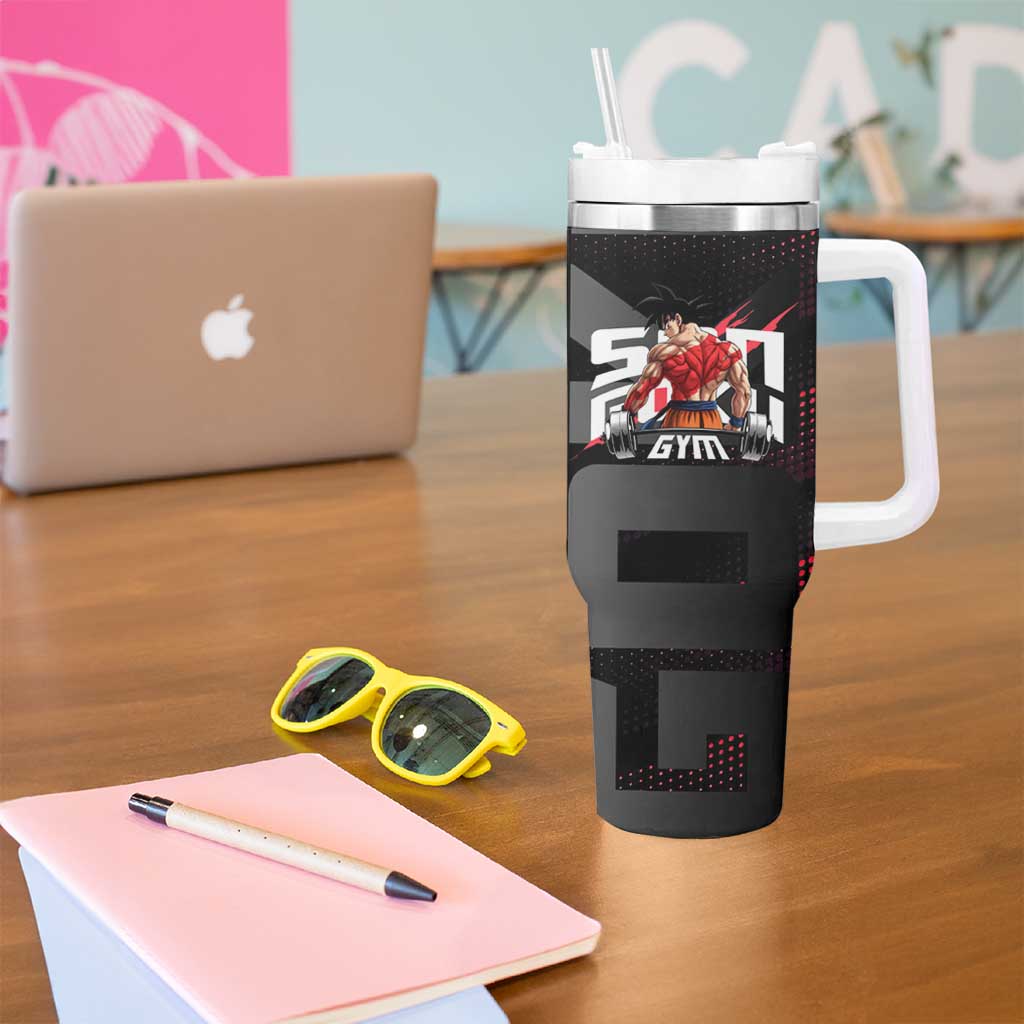 Goku Gym Theme Black and Red Design Tumbler With Handle with Dumbbell Lightning Art and Muscle Training Pose - The Mazicc