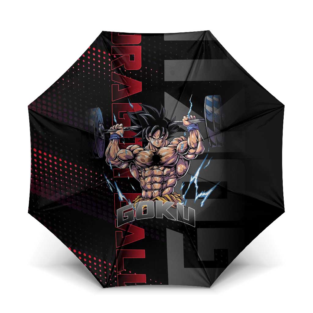 Goku Gym Theme Black and Red Design Umbrella with Dumbbell Lightning Art and Muscle Training Pose - The Mazicc