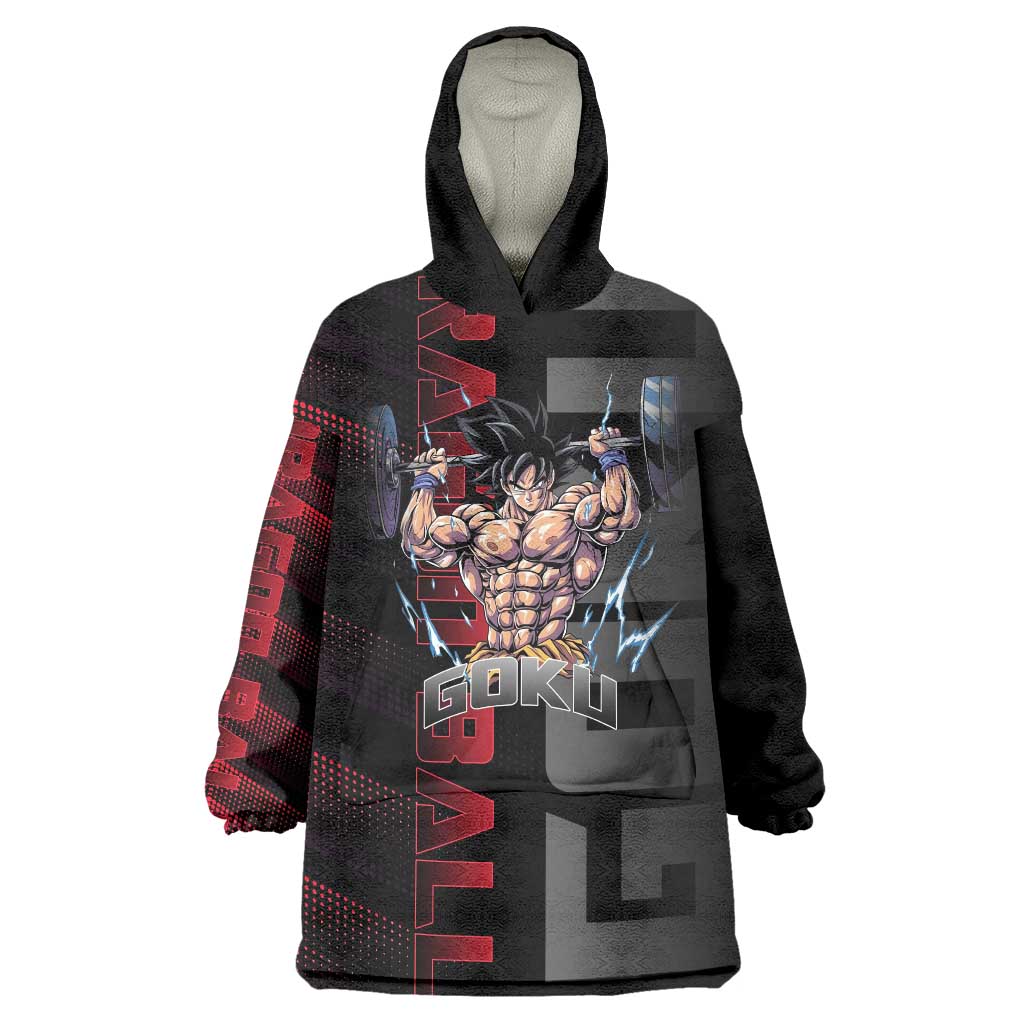 Goku Gym Theme Black and Red Design Wearable Blanket Hoodie with Dumbbell Lightning Art and Muscle Training Pose - The Mazicc