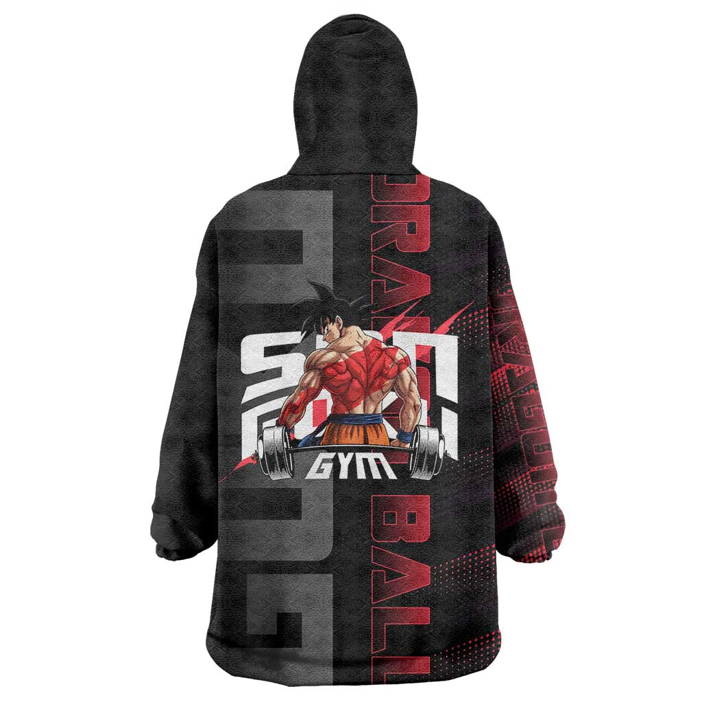 Goku Gym Theme Black and Red Design Wearable Blanket Hoodie with Dumbbell Lightning Art and Muscle Training Pose - The Mazicc