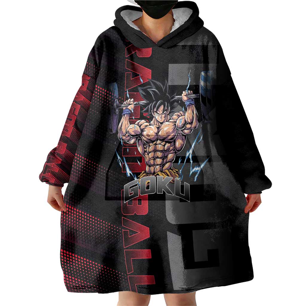 Goku Gym Theme Black and Red Design Wearable Blanket Hoodie with Dumbbell Lightning Art and Muscle Training Pose - The Mazicc