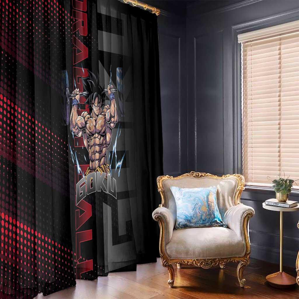 Goku Gym Theme Black and Red Design Window Curtain with Dumbbell Lightning Art and Muscle Training Pose - The Mazicc