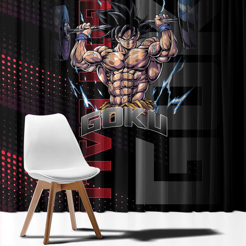 Goku Gym Theme Black and Red Design Window Curtain with Dumbbell Lightning Art and Muscle Training Pose - The Mazicc