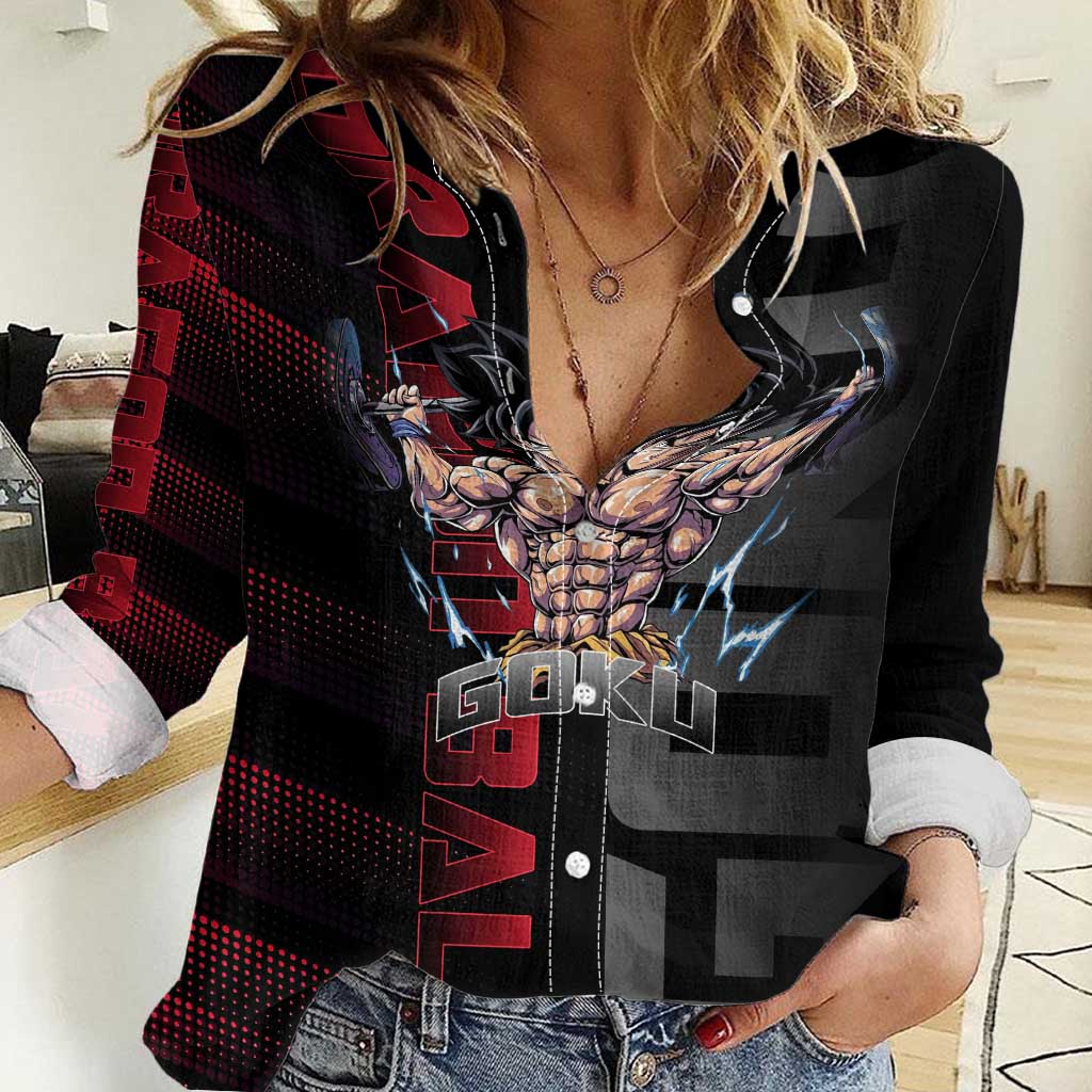 Goku Gym Theme Black and Red Design Women Casual Shirt with Dumbbell Lightning Art and Muscle Training Pose - The Mazicc
