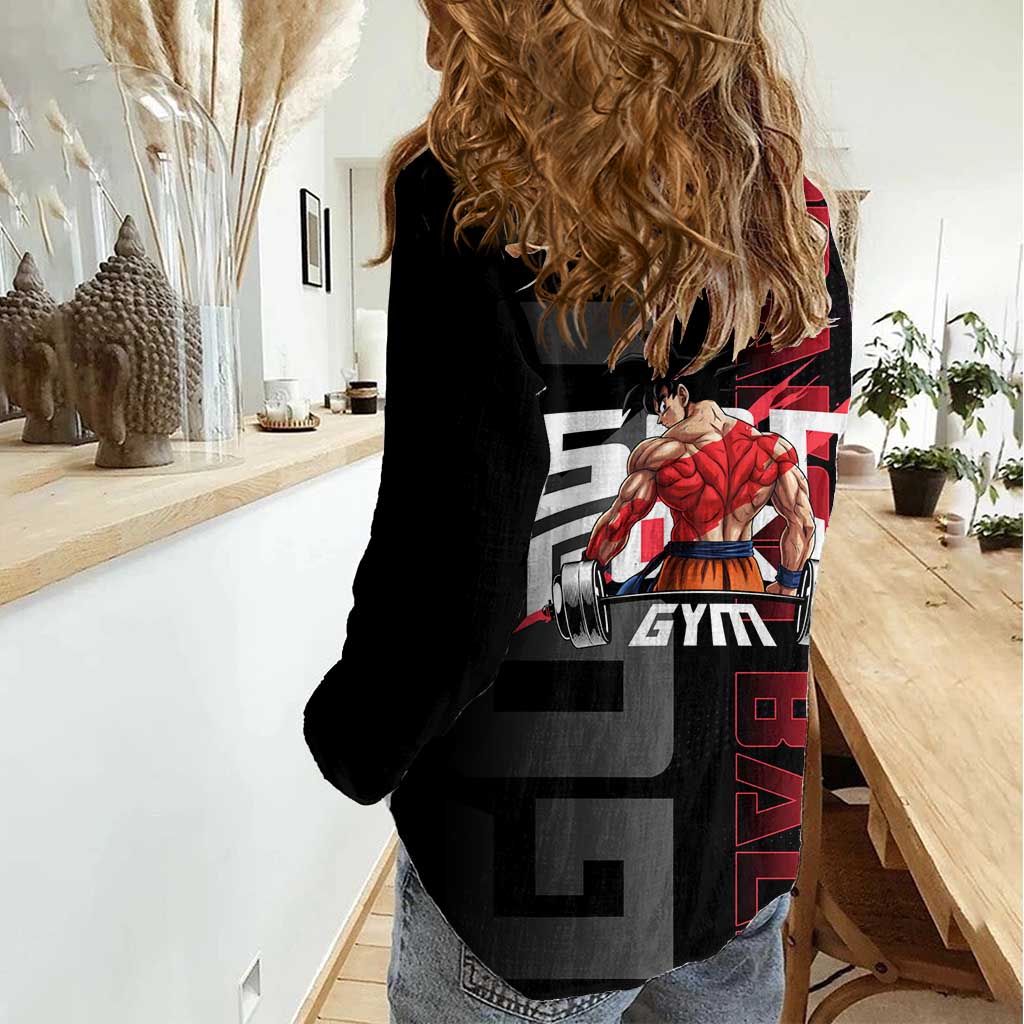 Goku Gym Theme Black and Red Design Women Casual Shirt with Dumbbell Lightning Art and Muscle Training Pose - The Mazicc