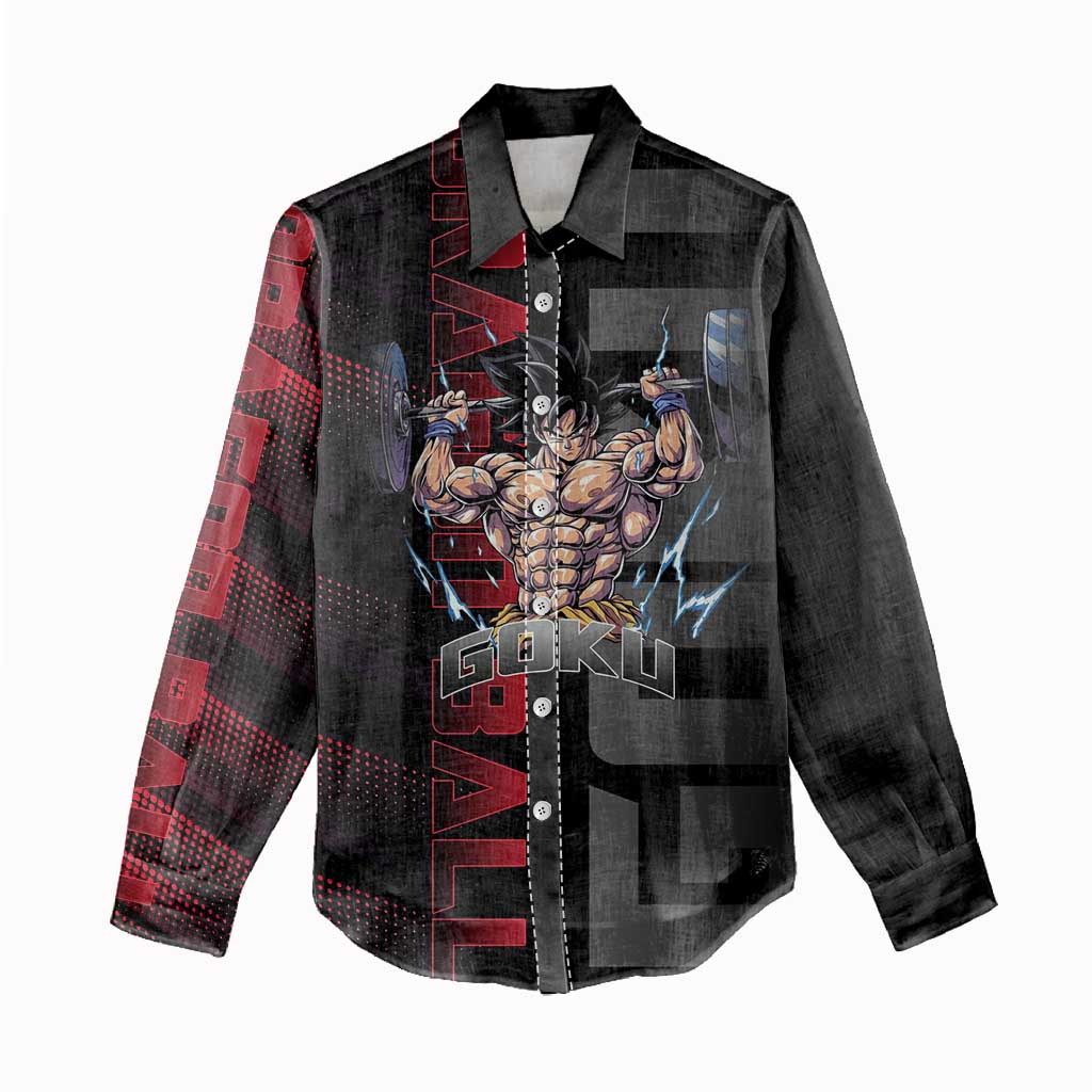 Goku Gym Theme Black and Red Design Women Casual Shirt with Dumbbell Lightning Art and Muscle Training Pose - The Mazicc