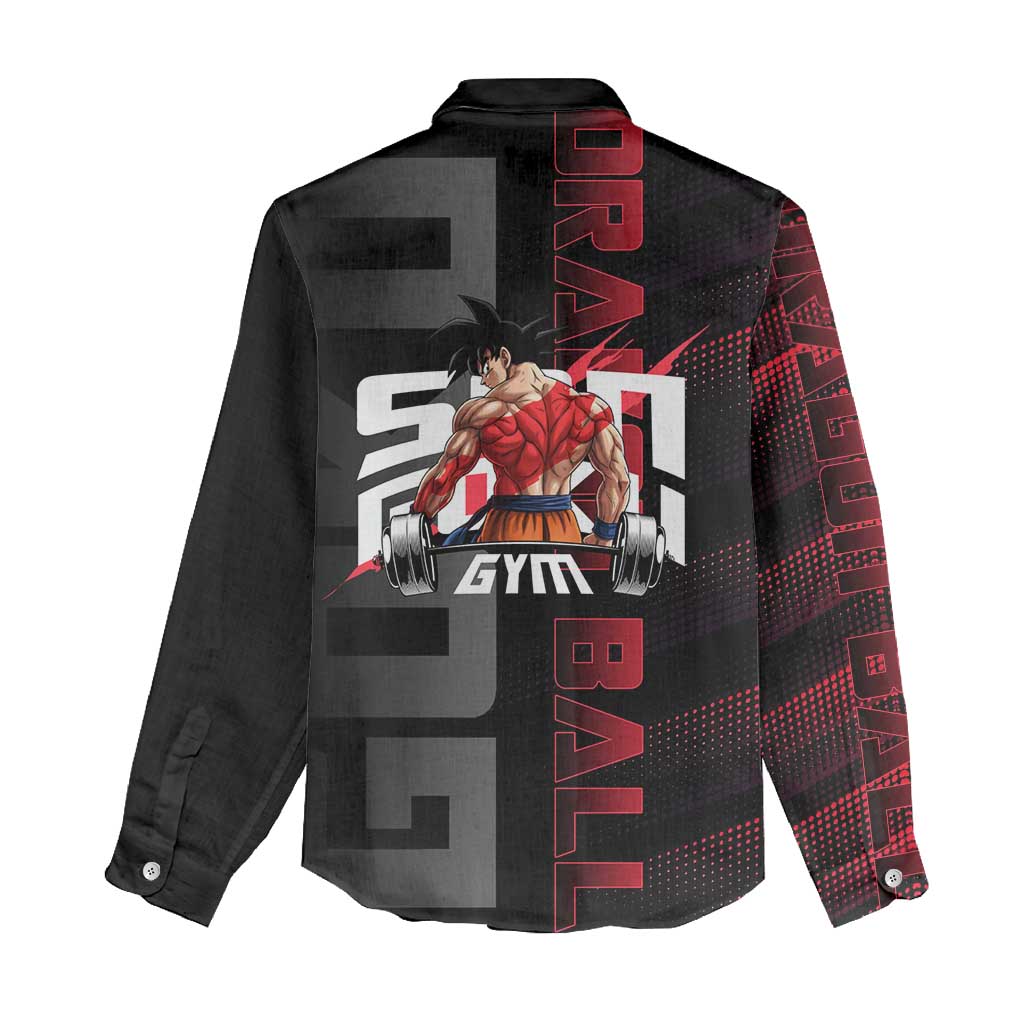 Goku Gym Theme Black and Red Design Women Casual Shirt with Dumbbell Lightning Art and Muscle Training Pose - The Mazicc