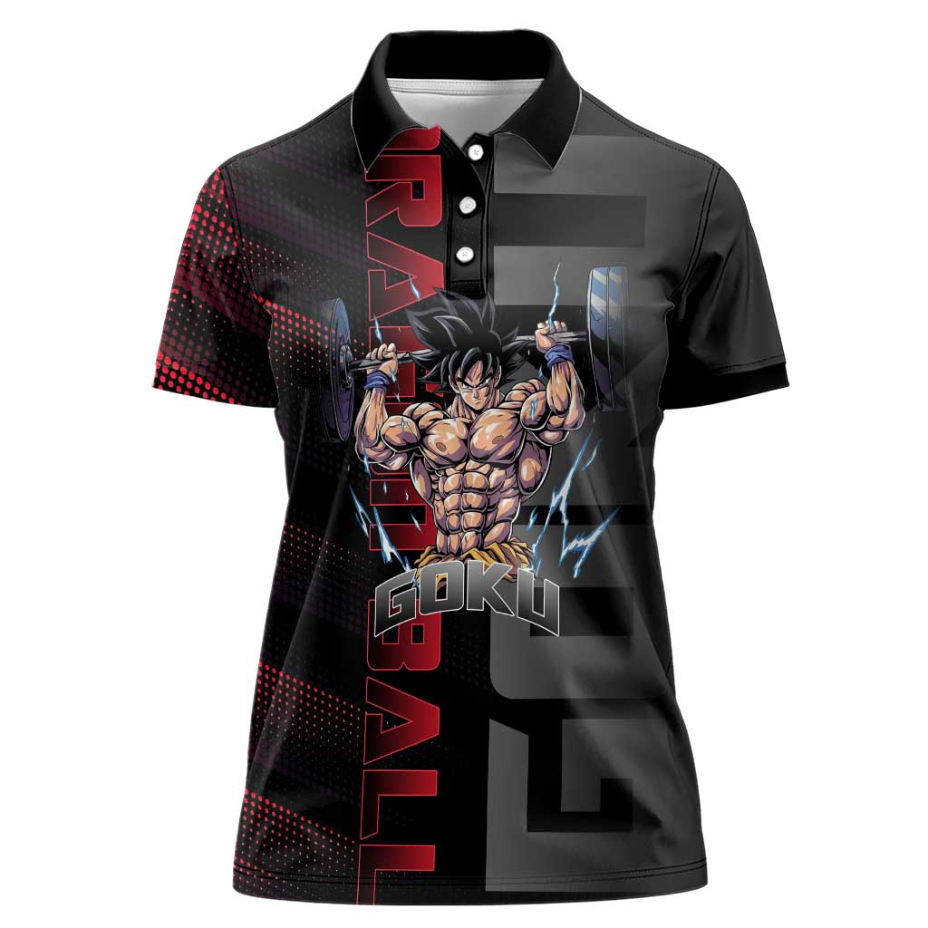 Goku Gym Theme Black and Red Design Women Polo Shirt with Dumbbell Lightning Art and Muscle Training Pose - The Mazicc