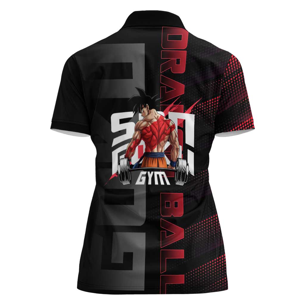 Goku Gym Theme Black and Red Design Women Polo Shirt with Dumbbell Lightning Art and Muscle Training Pose - The Mazicc