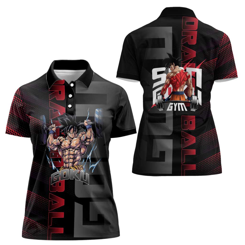 Goku Gym Theme Black and Red Design Women Polo Shirt with Dumbbell Lightning Art and Muscle Training Pose - The Mazicc