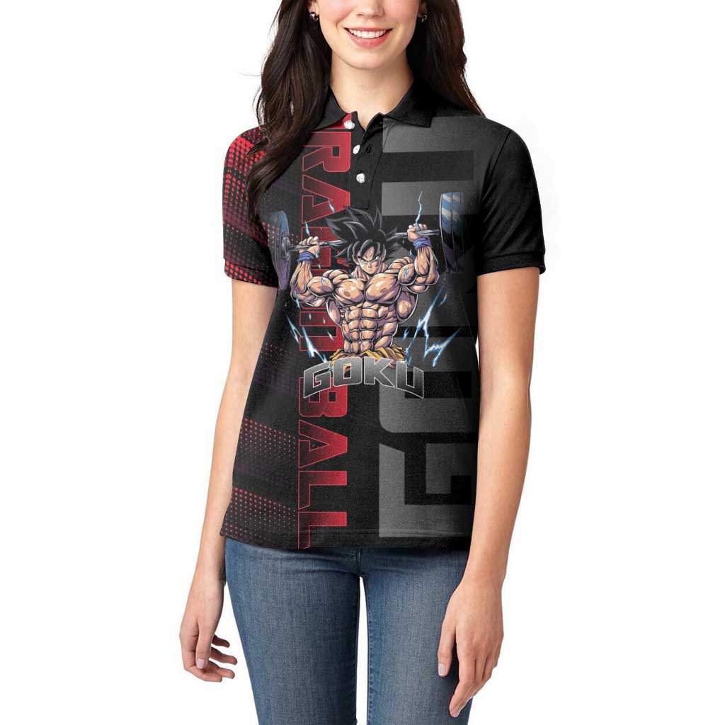Goku Gym Theme Black and Red Design Women Polo Shirt with Dumbbell Lightning Art and Muscle Training Pose - The Mazicc