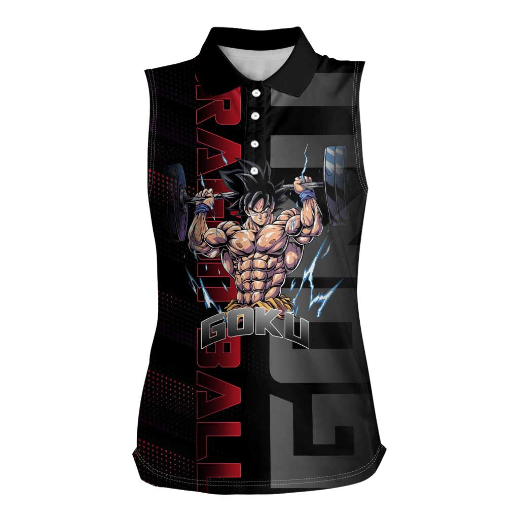 Goku Gym Theme Black and Red Design Women Sleeveless Polo Shirt with Dumbbell Lightning Art and Muscle Training Pose - The Mazicc